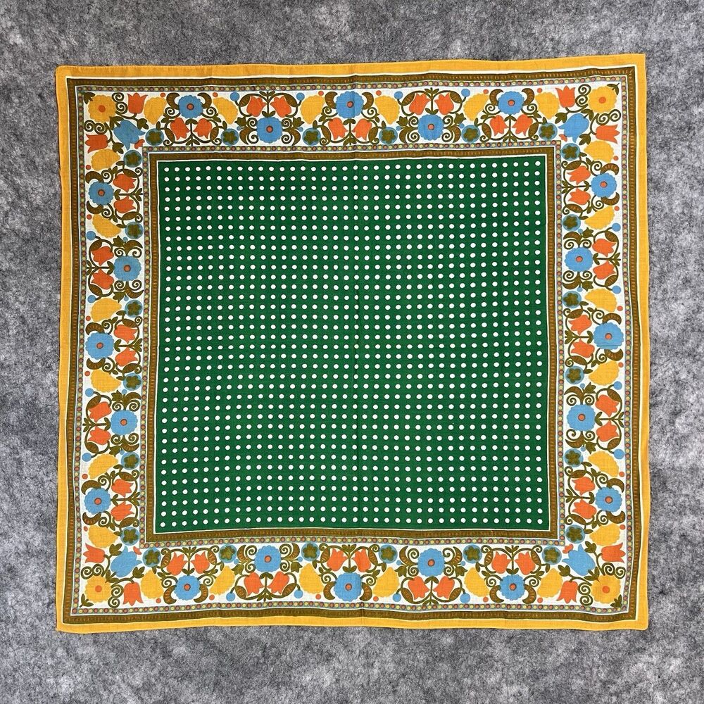 Vintage Made in Italy 100% Cotton Scarf Multi Tulips Daisy Polka Dots Colorful